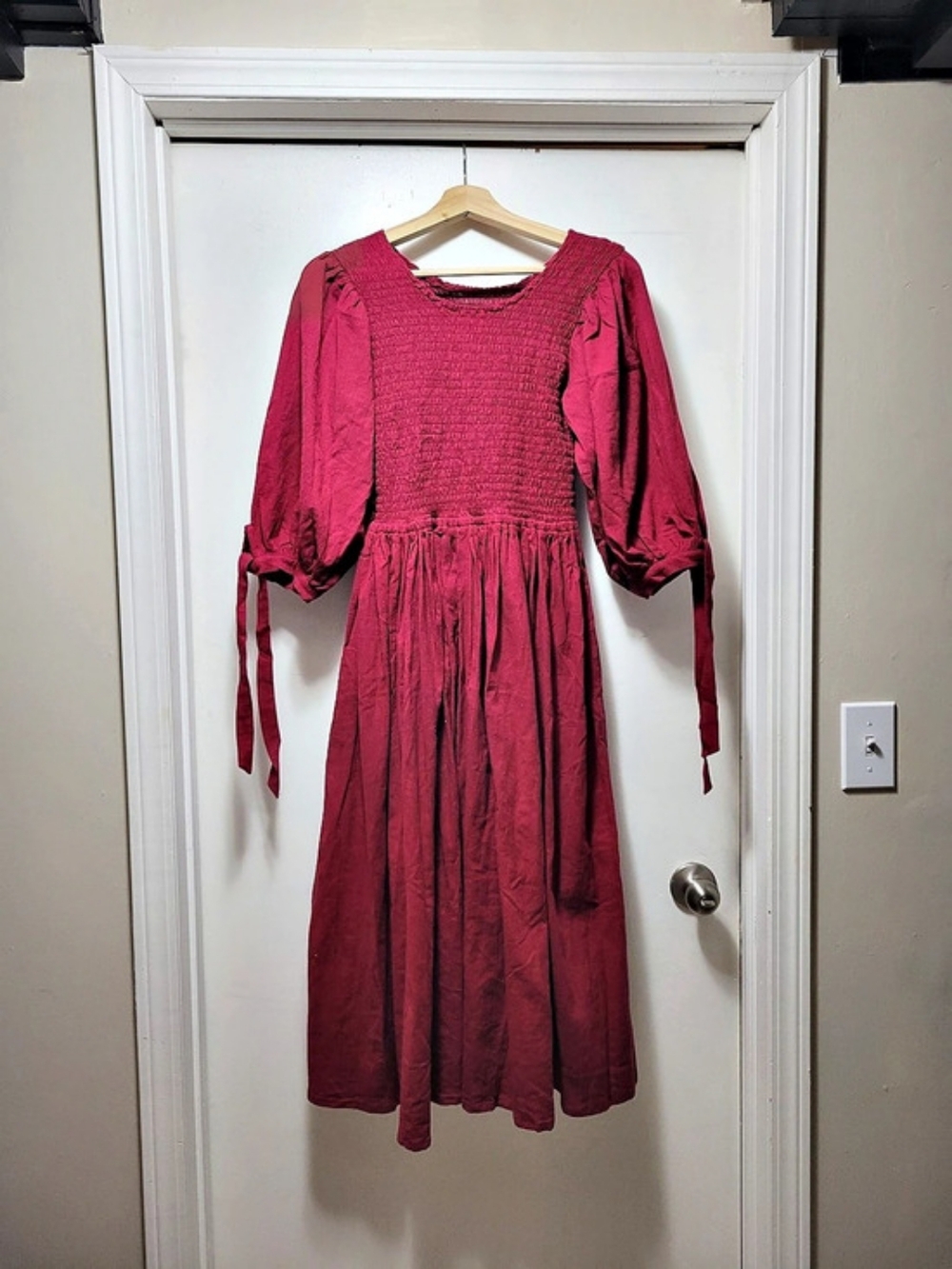 Smocked Midi Dress in Sangria Red NWT Bali Elf - Modest Holiday Dress